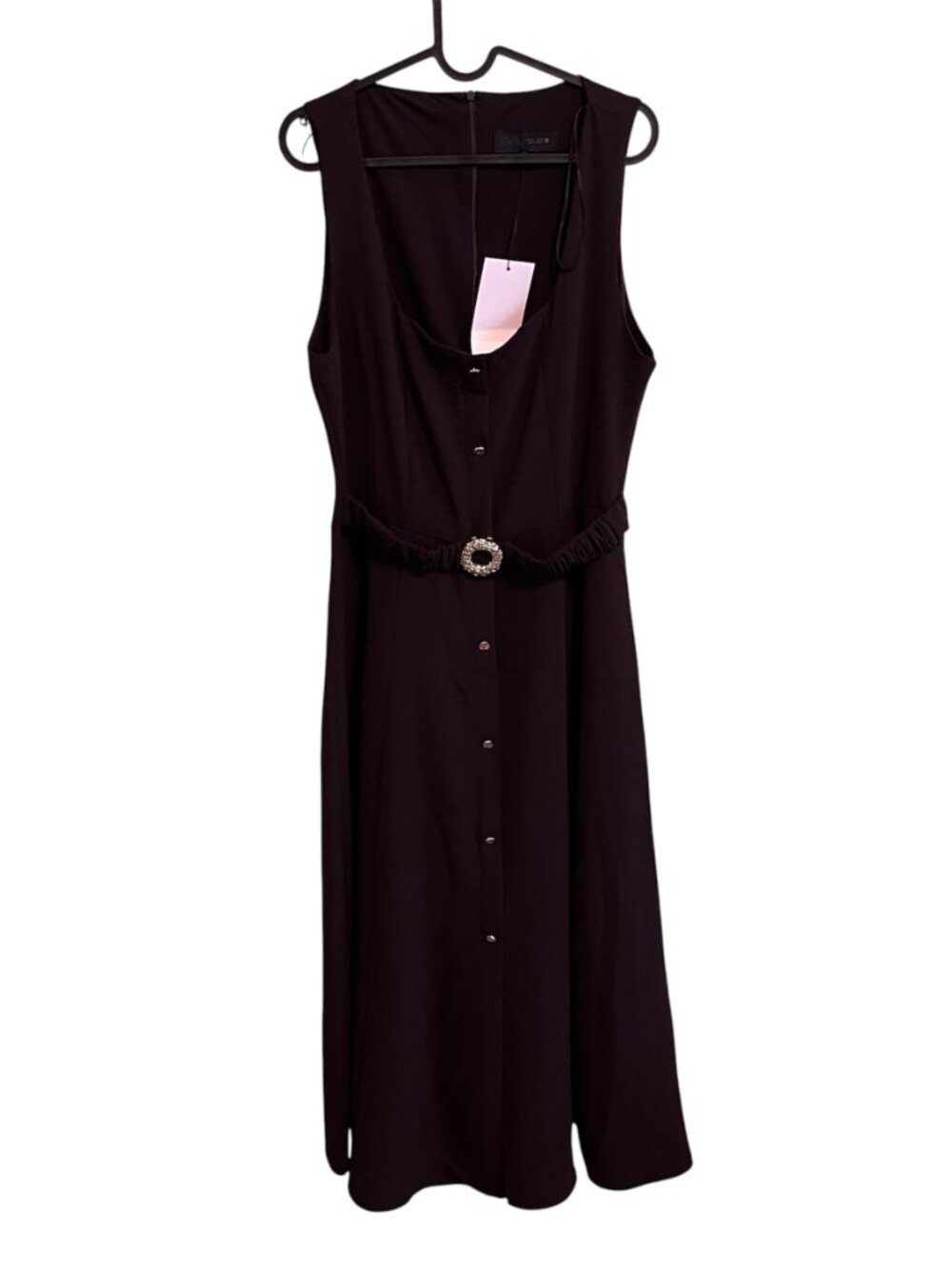 Zara Belted Midi Dress Brown Sleeveless Square Neck Gold Buckle Small NWT Summer - Picture 5 of 9